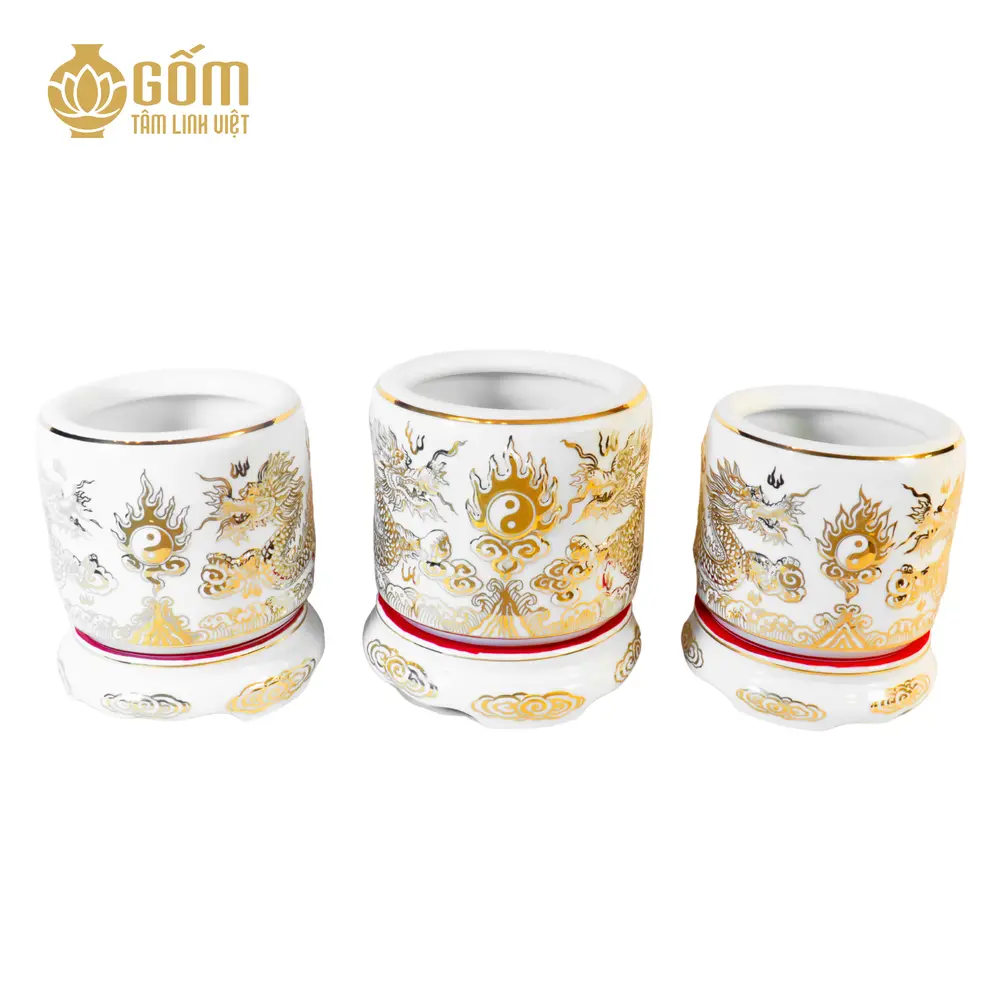 bộ 3 bát hương men bạch ngọc vẽ vàng HDC