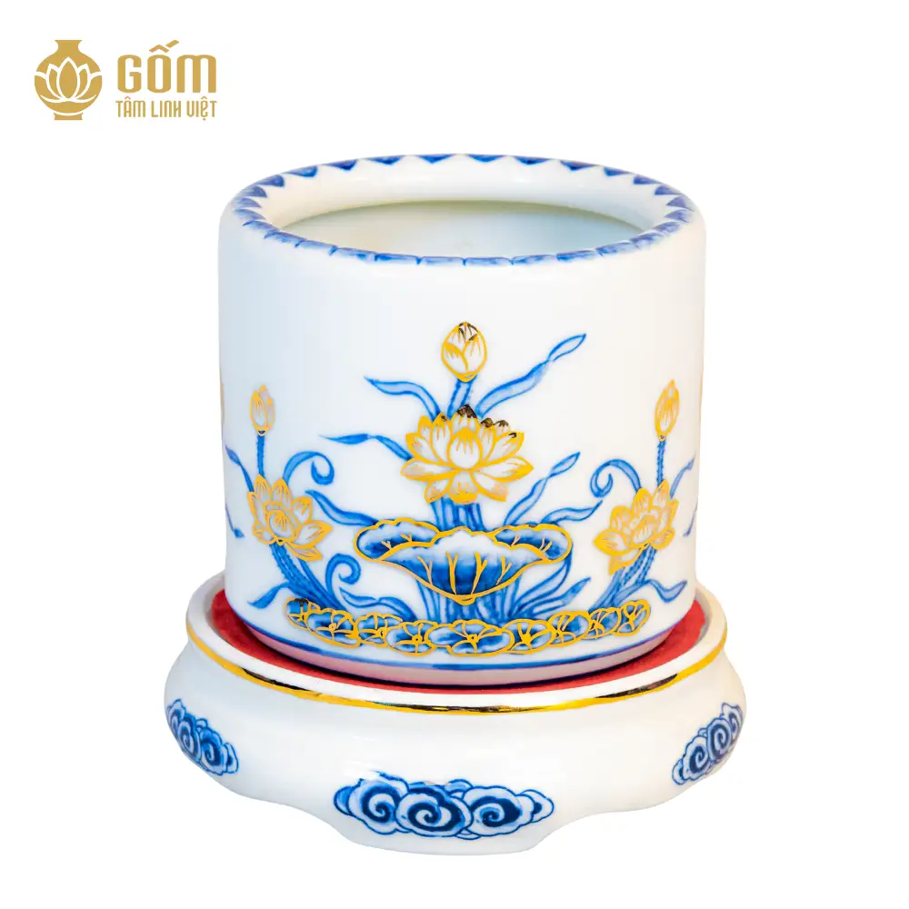 Bát hương men chàm kim họa tiết hoa sen đắp nổi vẽ vàng 24K mặt sau