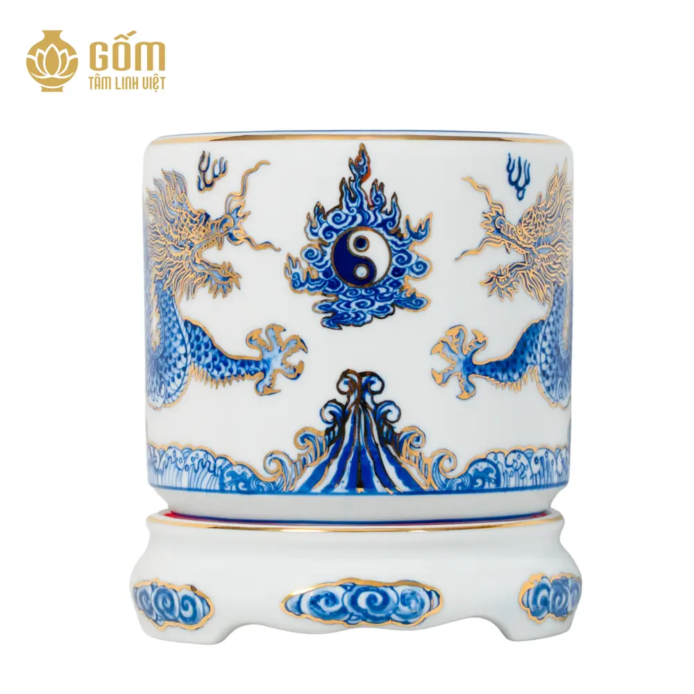 hình ảnh trực diện của bát hương men chàm kim họa tiết rồng vẽ vàng 24K