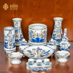 Bộ đồ thờ 1 bát hương hoa sen men lam vẽ vàng bàn thờ 127cm