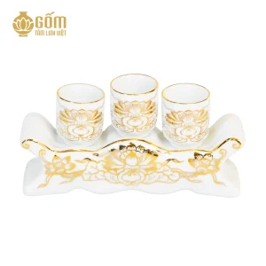 hình ảnh bộ kỷ ngai 3 chén men bạch ngọc vẽ vàng 24K