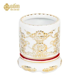 hình ảnh Bát hương men bạch ngọc họa tiết hoa sen đắp nổi vẽ vàng 24K đẹp