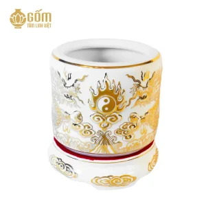mẫu Bát hương men bạch ngọc họa tiết rồng đắp nổi vẽ vàng 24K