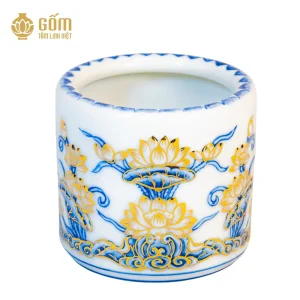 Bát hương men chàm kim họa tiết hoa sen đắp nổi vẽ vàng 24K không đế
