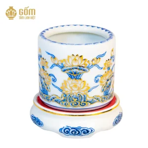 Bát hương men chàm kim họa tiết hoa sen đắp nổi vẽ vàng 24K