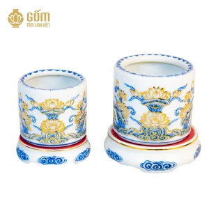 2 Bát hương men chàm kim họa tiết hoa sen đắp nổi vẽ vàng 24K