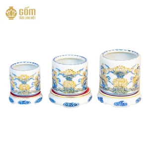 3 Bát hương men chàm kim họa tiết hoa sen đắp nổi vẽ vàng 24K