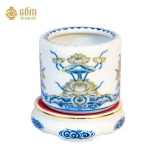 Bát hương men chàm kim họa tiết hoa sen vẽ vàng 24K