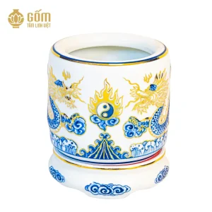 Bát hương men chàm kim họa tiết rồng đắp nổi vẽ vàng 24K