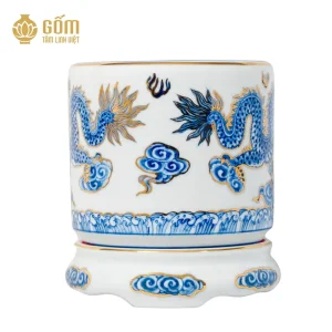 mặt sau Bát hương men chàm kim họa tiết rồng vẽ vàng 24K có đế