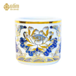 Hình ảnh Bát hương men lam vẽ vàng họa tiết hoa sen