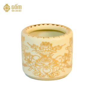 mặt trước Bát hương men ngọc trai họa tiết hoa sen vẽ vàng 24K không đế