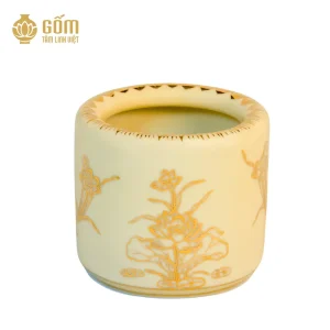 mặt sau Bát hương men ngọc trai họa tiết hoa sen vẽ vàng 24K không đế