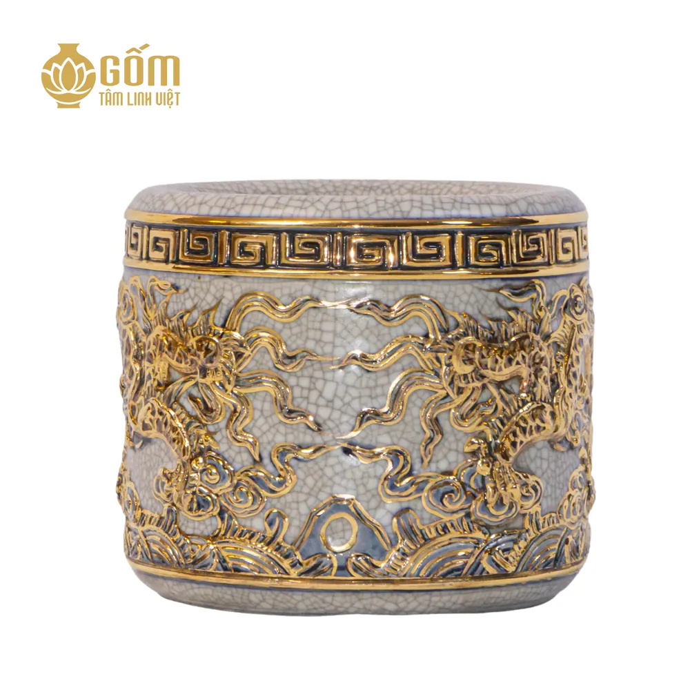 Hình ảnh Bát hương men rạn vẽ vàng họa tiết rồng đắp nổi