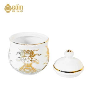 ảnh chi tiết Bát sâm men bạch ngọc vẽ vàng 24K