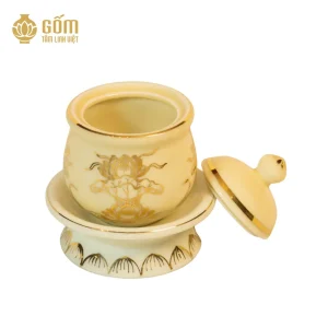 hình ảnh Bát sâm thờ men ngọc trai vẽ vàng 24K mở nắp