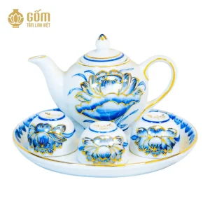 Bộ ấm trà thờ 3 chén men chàm kim vẽ vàng 24K