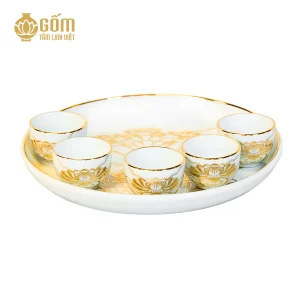 đĩa trà thờ 5 chén men bạch ngọc vẽ vàng 24K
