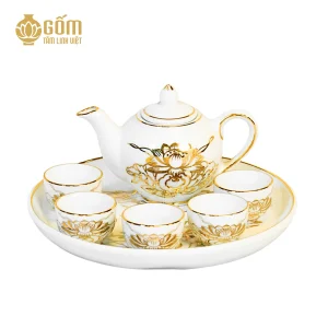 hình ảnh Bộ ấm trà thờ 5 chén men bạch ngọc vẽ vàng 24K chính hãng