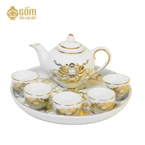 Bộ ấm trà thờ 5 chén men bạch ngọc vẽ vàng 24K
