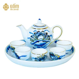 hình ảnh Bộ ấm trà thờ 5 chén men chàm kim vẽ vàng 24K cao cấp
