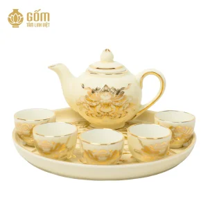 hình ảnh Bộ ấm trà thờ 5 chén men ngọc trai vẽ vàng 24K cao cấp