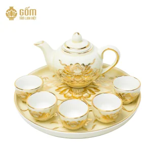 ảnh Bộ ấm trà thờ 5 chén men ngọc trai vẽ vàng 24K từ phía trên