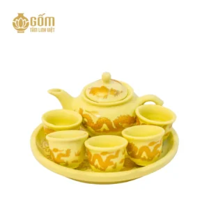 Bộ ấm trà thờ men vàng tài lộc Bát Tràng
