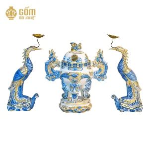 Bộ đỉnh hạc men chàm kim vẽ vàng 24K