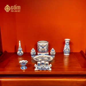 hình ảnh Bộ đồ thờ 1 bát hương hoa sen men chàm kim vẽ vàng bàn thờ 89-107cm chính hãng gốm tâm linh việt