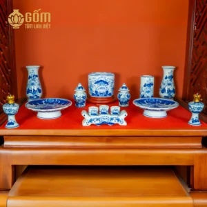 Hình ảnh Bộ đồ thờ 1 bát hương hoa sen men lam bàn thờ 107-127 cm chính hãng