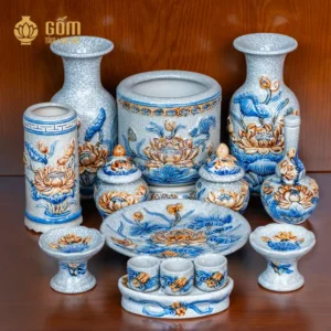 Bộ đồ thờ 1 bát hương hoa sen men rạn