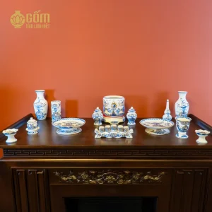 Bộ đồ thờ 1 bát hương rồng men chàm kim vẽ vàng bàn thờ 153cm