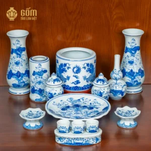 Bộ đồ thờ 1 bát hương rồng men lam bàn thờ 107-127cm