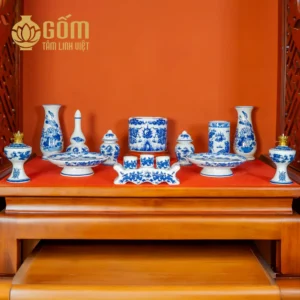 Hình ảnh Bộ đồ thờ 1 bát hương rồng men lam tràm cổ bàn thờ 127-153 cm chính hãng