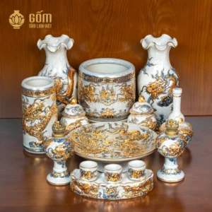 Bộ đồ thờ 1 bát hương rồng men rạn vẽ vàng bàn thờ 127-153cm