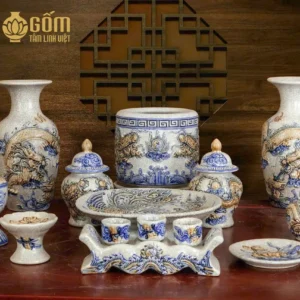Hình ảnh Bộ đồ thờ 1 bát hương rồng men rạn vẽ vàng bàn thờ 127-153cm chính hãng
