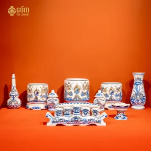 Bộ đồ thờ 3 bát hương rồng men chàm kim vẽ vàng bàn thờ 81-89-107cm chính hãng gốm tâm linh việt