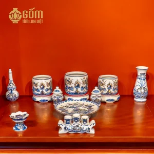 mẫu Bộ đồ thờ 3 bát hương rồng men chàm kim vẽ vàng bàn thờ 89-107cm chính hãng