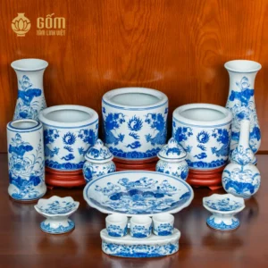 Bộ đồ thờ 3 bát hương rồng men lam bàn thờ 127-153cm