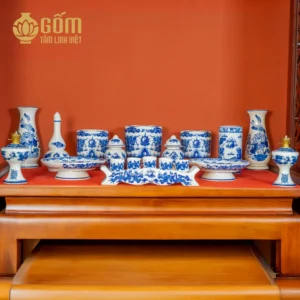 Hình ảnh Bộ đồ thờ 3 bát hương rồng men lam tràm cổ bàn thờ 127-153 cm chính hãng