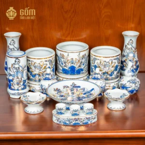 Bộ đồ thờ 3 bát hương sen men lam vẽ vàng bàn thờ 127-153cm