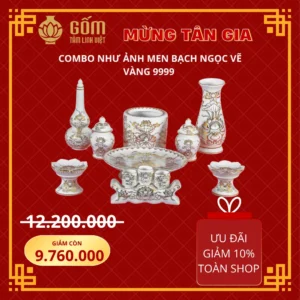 Bộ đồ thờ tân gia 1 bát hương men bạch ngọc vẽ vàng 24K