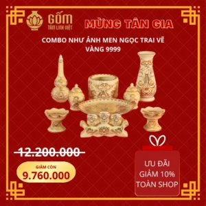 Bộ đồ thờ tân gia 1 bát hương men ngọc trai vẽ vàng 24K