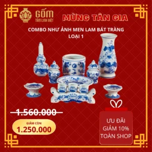 Bộ đồ thờ tân gia 1 bát hương rồng men lam Bát Tràng