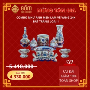 Bộ đồ thờ tân gia 1 bát hương rồng men lam vẽ vàng Bát Tràng giá rẻ