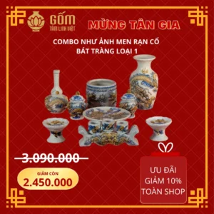 Bộ đồ thờ tân gia 1 bát hương rồng men rạn Bát Tràng