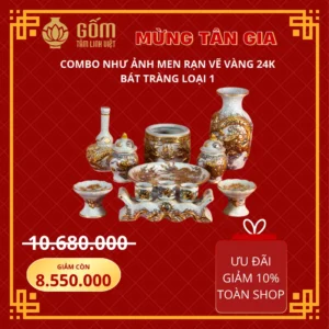 Bộ đồ thờ tân gia 1 bát hương rồng men rạn vẽ vàng Bát Tràng