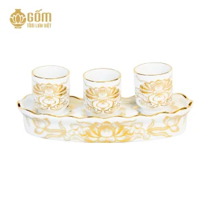 hình ảnh bộ kỷ cong 3 chén men bạch ngọc vẽ vàng 24K