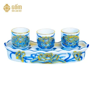 Bộ kỷ cong 3 chén men chàm kim vẽ vàng 24K